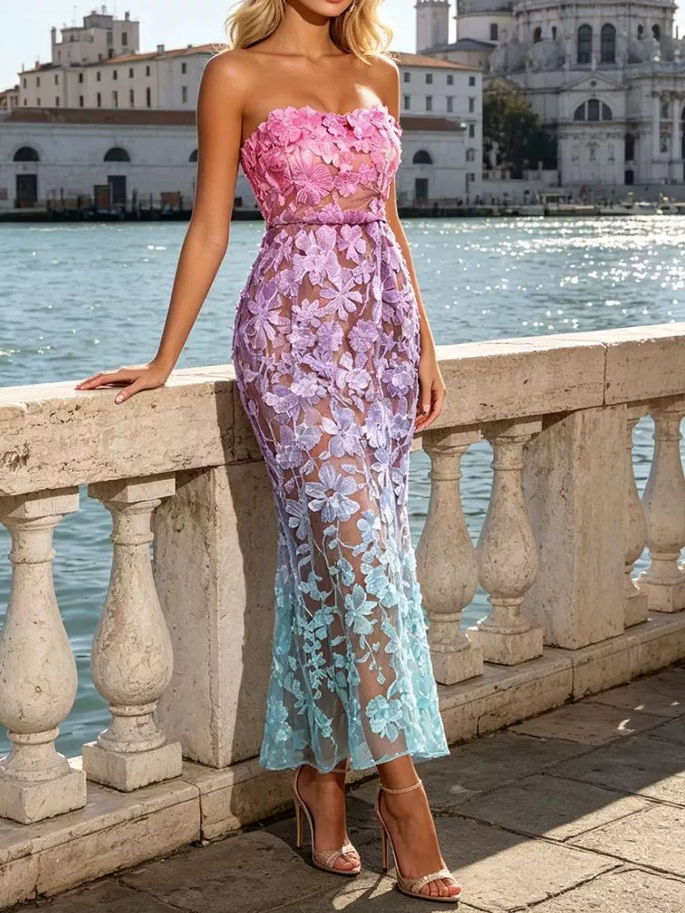 Floral embroidered tube maxi dress by Plush Fashion Hub featuring colorful floral patterns and a fitted strapless design.