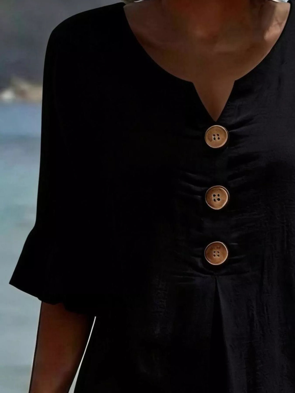 Plus size ruffle sleeve midi dress with button decor from Plush Fashion Hub, featuring a stylish flowy design and feminine details.