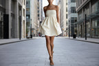 Women's strapless tube mini dress by FitiqueFit in solid color with elastic waistband, casualwear style, perfect for summer outings.