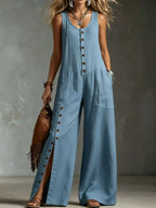 Plus size sleeveless button-front wide-leg jumpsuit by Shopimist, full-length view showcasing its stylish fit and design.