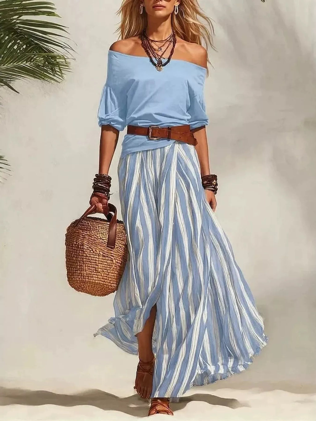 Off shoulder top and striped maxi skirt set by Shopimist, featuring a flowing striped skirt and stylish off-shoulder top.