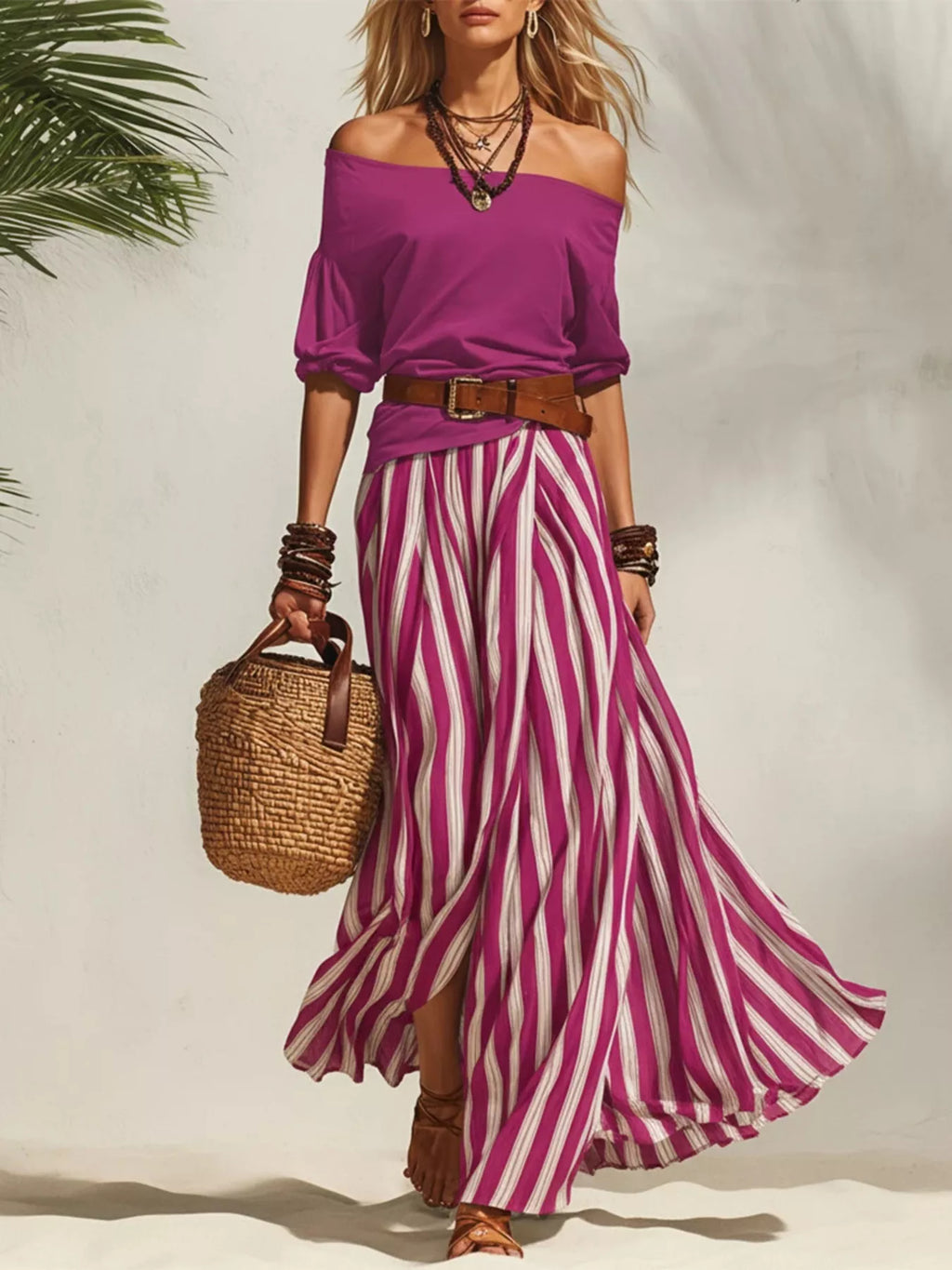 Off shoulder top and striped maxi skirt set by Shopimist, featuring a stylish off-shoulder blouse and a flowing striped skirt.
