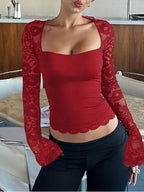 Sheer lace sleeve square neck T-shirt from Shopimist, lightweight top with elegant lace details and a modern square neckline.