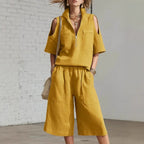 Casual Plush Fashion Hub two-piece set with short-sleeve shirt and loose shorts, perfect for relaxed everyday wear.