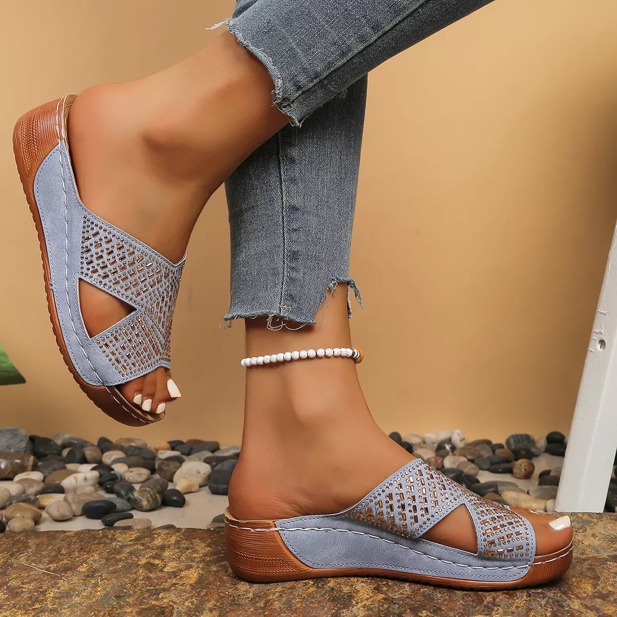 Women's rhinestone open toe wedge sandals with mid-height heel and sparkle embellishments, stylish and comfortable for summer wear.