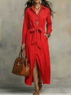 Plus size tie waist long sleeve shirt dress by Plush Fashion Hub, featuring a full-length design and button-front style.