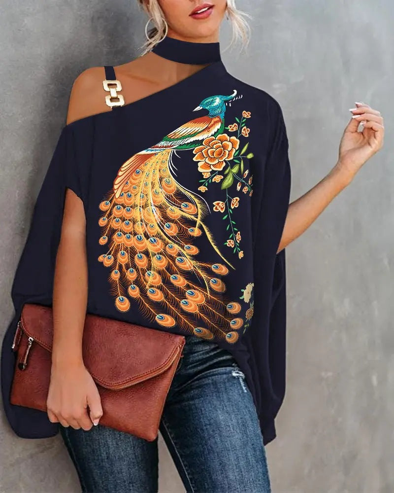 Women's V-neck printed off-shoulder vest top in various patterns, casualwear from Plush Fashion Hub, available in sizes S to XXL.