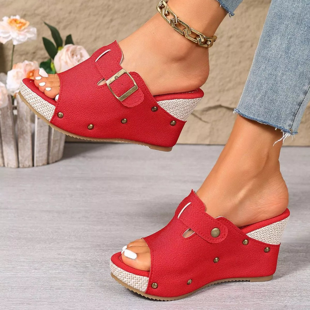 Open toe wedge sandals by Plush Fashion Hub featuring a stylish design with a comfortable platform sole.