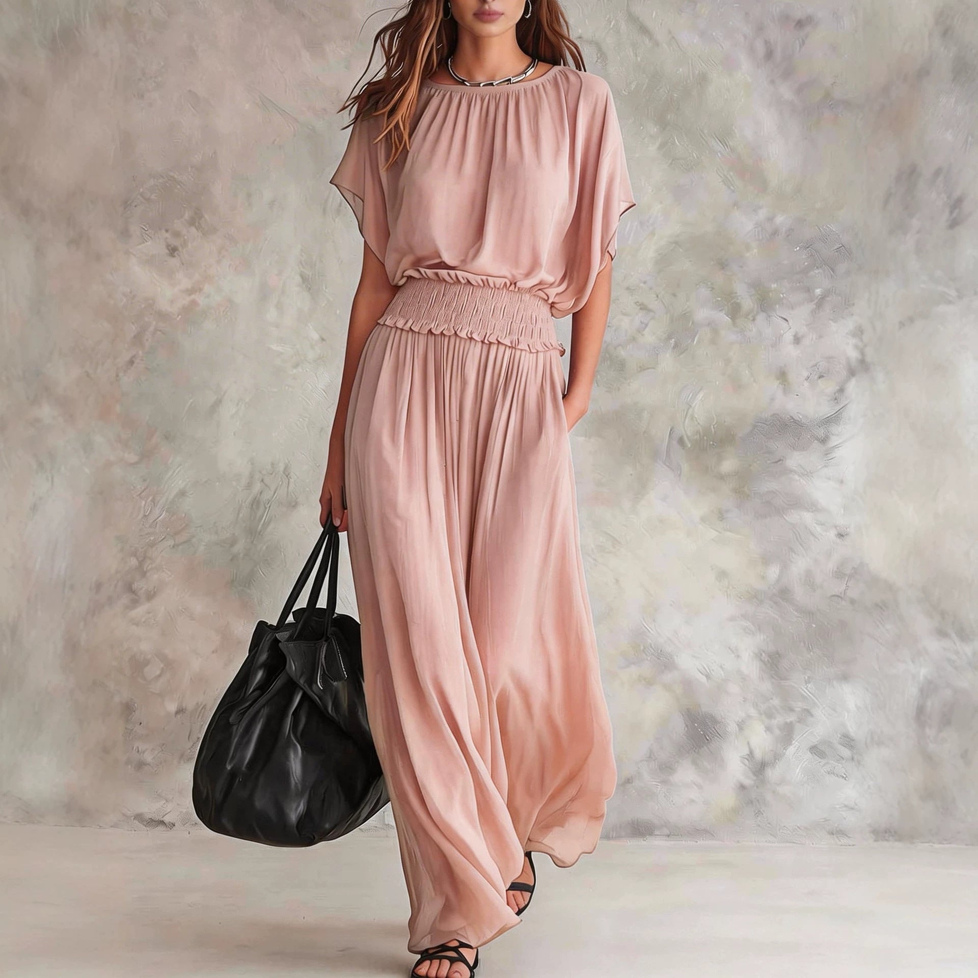Women's chiffon high-waist ruched maxi dress by FitiqueFit, flowing fabric with gathered details, perfect for elegant occasions.
