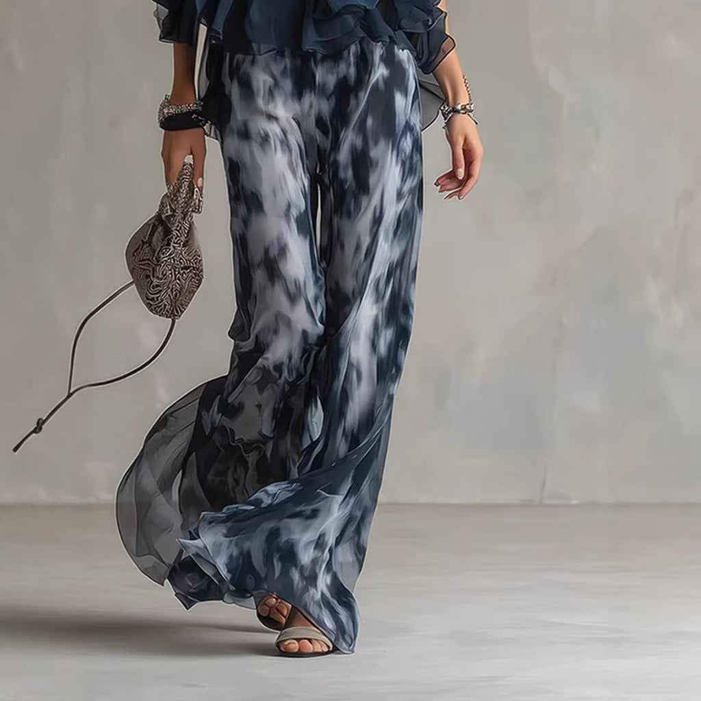 Sleeveless camisole collar top and printed wide leg pants chiffon set