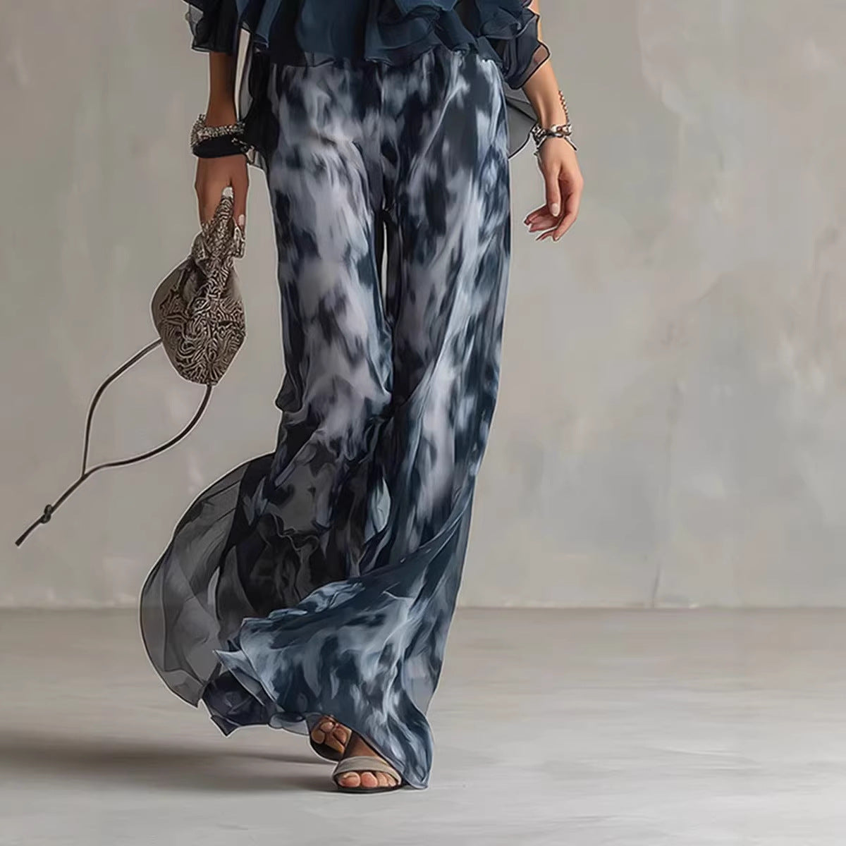 Sleeveless camisole collar top and printed wide leg pants chiffon set