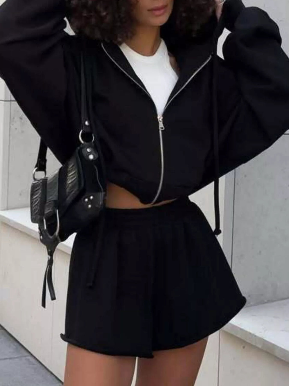Plush Fashion Hub zip-up long sleeve outerwear with matching shorts set, casual and sporty for comfortable outdoor wear.