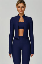 Fitglutes Activewear sports bra, leggings, and jacket set showing athletic fit and stylish design in a coordinated workout outfit.