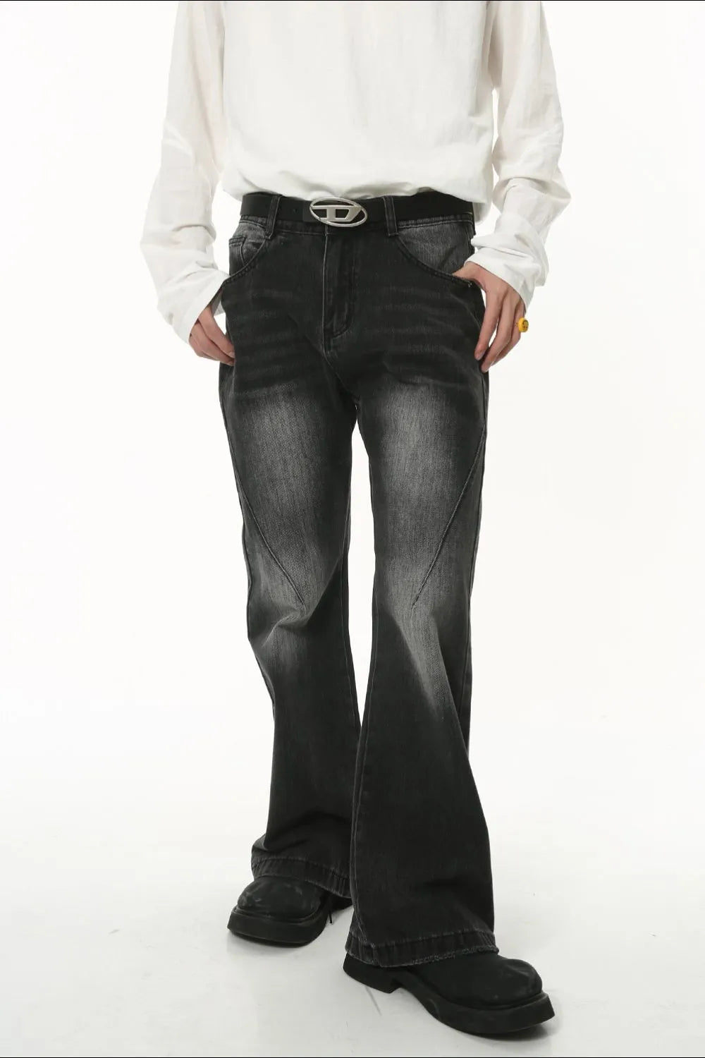 Washed denim jeans with front and back pockets from Plush Fashion Hub, featuring a casual fit and classic blue denim wash.