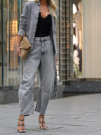 Trendsi denim set with long sleeve top and wide-leg jeans, casual stylish outfit, blue denim fabric, full-length view.