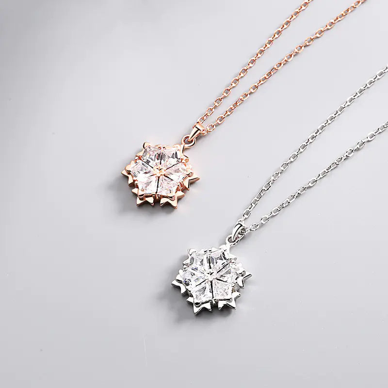 Silver snowflake necklace with diamond pendant from Plush Fashion Hub, featuring a delicate chain and sparkling winter-inspired design.
