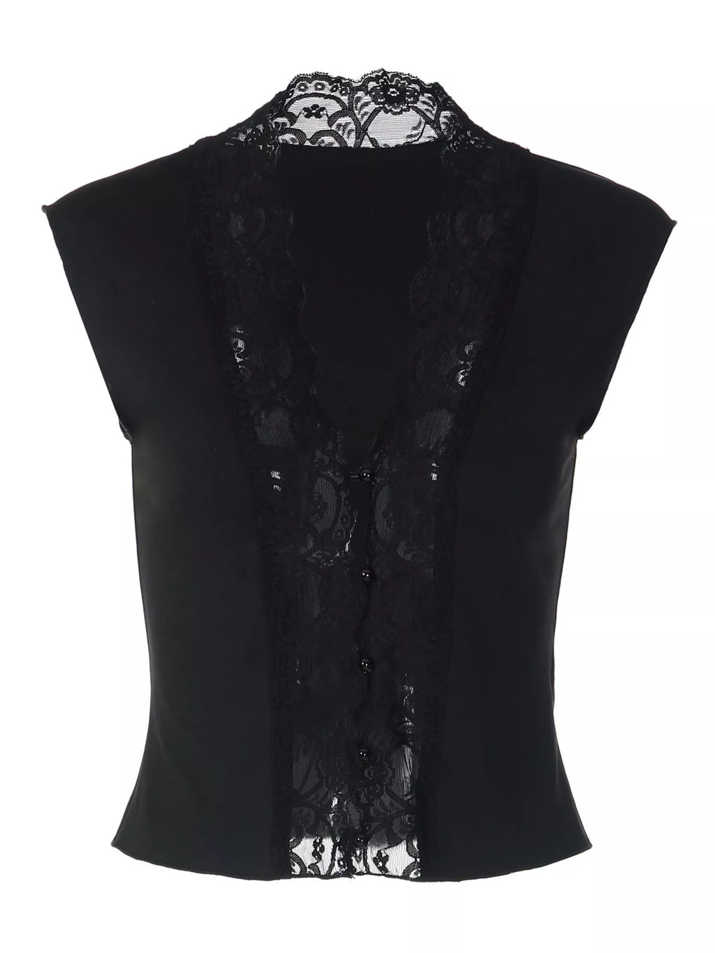 Lace trim button front vest from Shopimist featuring delicate lace accents and a classic sleeveless design.