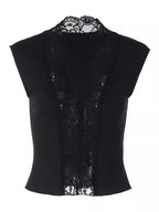 Lace trim button front vest from Shopimist featuring delicate lace accents and a classic sleeveless design.
