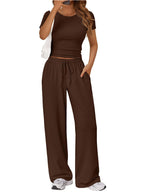 Women's round neck short sleeve T-shirt and drawstring lounge set, trendy 2-piece set by Trendsi, casual and comfortable.