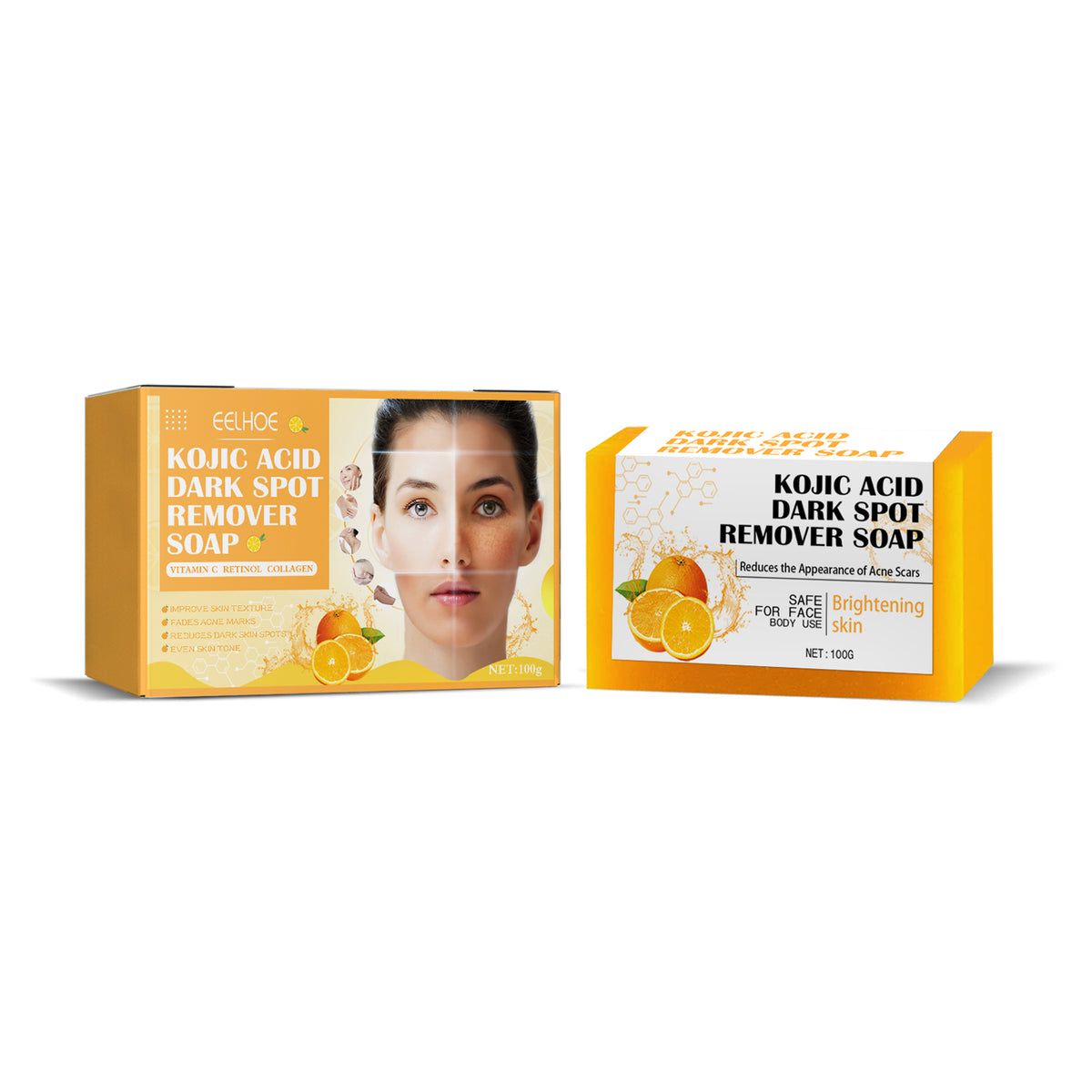 Yellow Kojic acid dark spot remover soap bar and packaging box, featuring orange graphics and text.