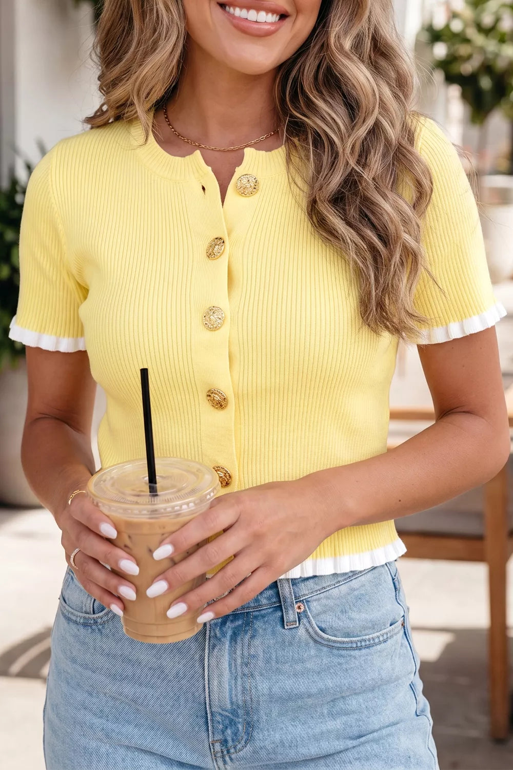 Ribbed knit contrast frilled short sleeve sweater cardigan by Plush Fashion Hub, featuring a stylish layered design and textured fabric.