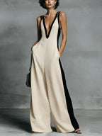 Women's color-block sleeveless V-neck wide-leg jumpsuit by Plush Fashion Hub, casual French style long pants, stylish and comfortable.