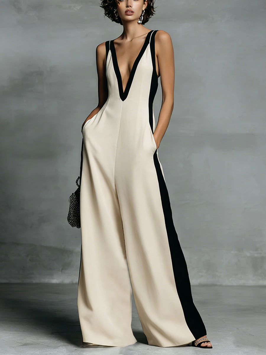 Women's color-block sleeveless V-neck wide-leg jumpsuit by Plush Fashion Hub, casual French style long pants, stylish and comfortable.