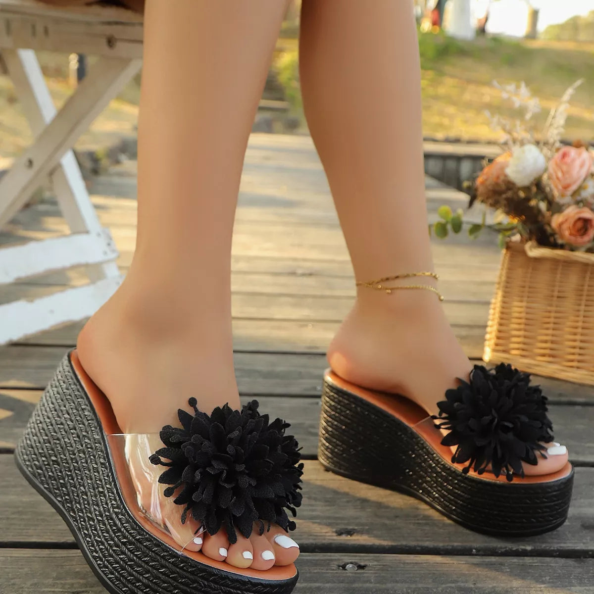 Plush Fashion Hub floral decor platform wedge sandals with colorful flower embellishments and adjustable ankle straps.