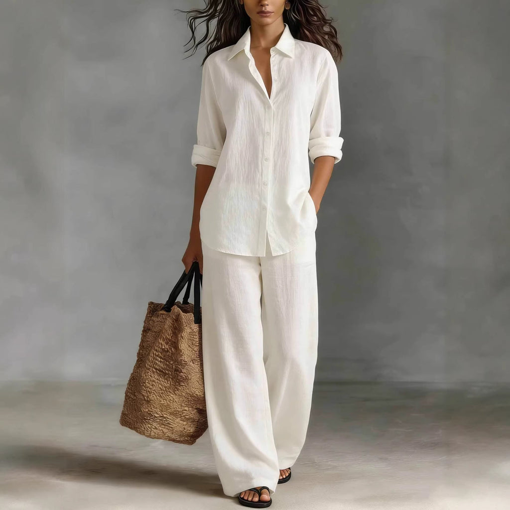 Women's bohemian cotton-blend top and pants set by FitiqueFit, casual resort lounge co-ord with relaxed fit and boho style.