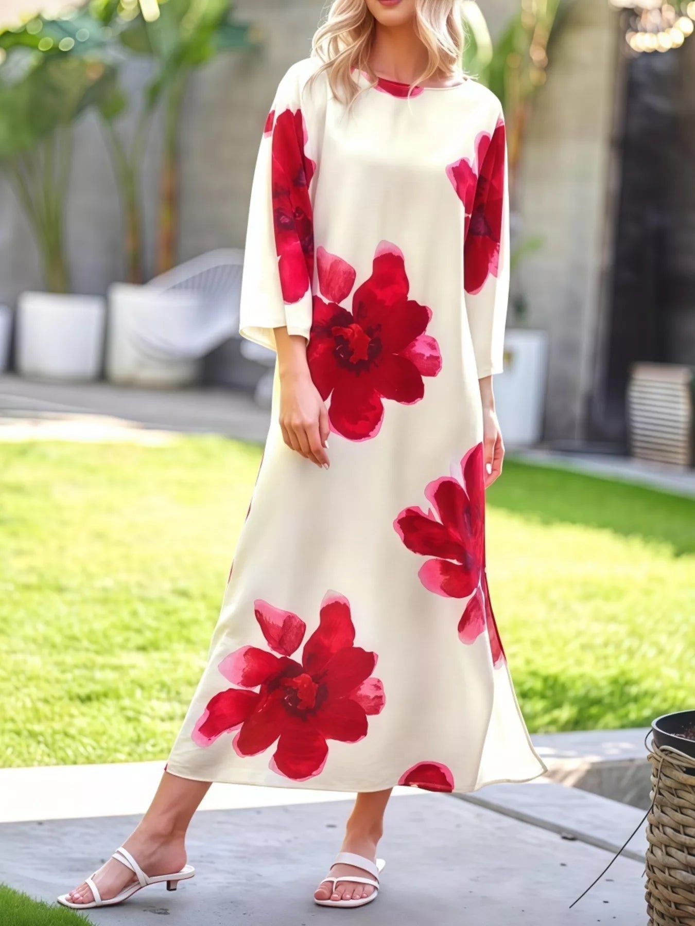 Floral print round neck dress by Plush Fashion Hub featuring vibrant floral patterns and a comfortable round neckline.