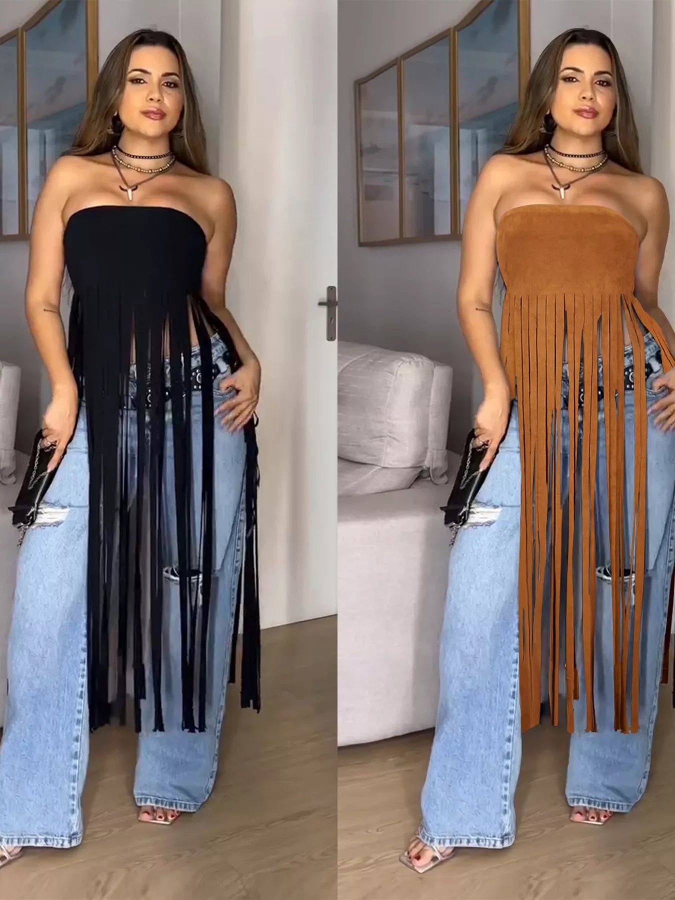Rings fringe trim tube top by Trendsi featuring layered rings and fringe detail on a fitted sleeveless top.