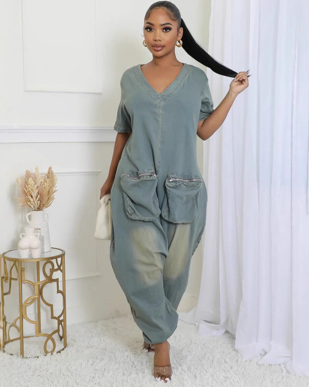 Women's Loose Fit Peacock Blue Washed Denim Overalls with Pockets
