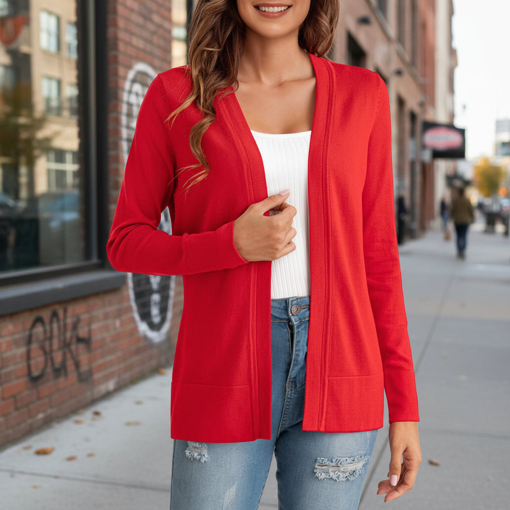 Women's knitted loose cardigan coat in four colors, casual fit, from FitiqueFit, styled with long sleeves and open front design.
