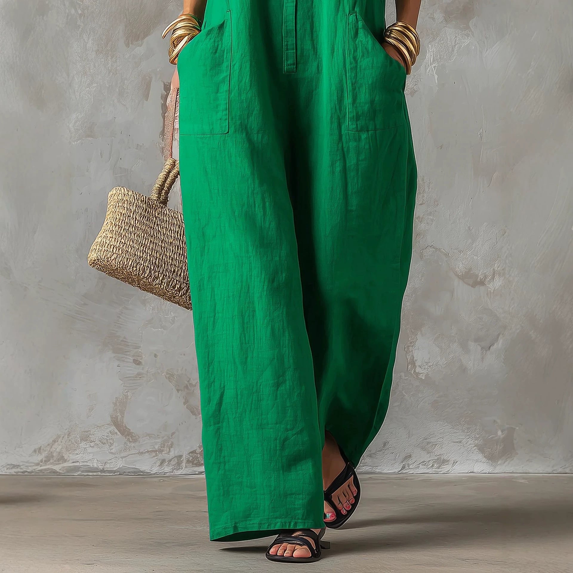 Linen blend sleeveless jumpsuit with stand collar in five colors, from FitiqueFit, available in sizes S to 3XL.