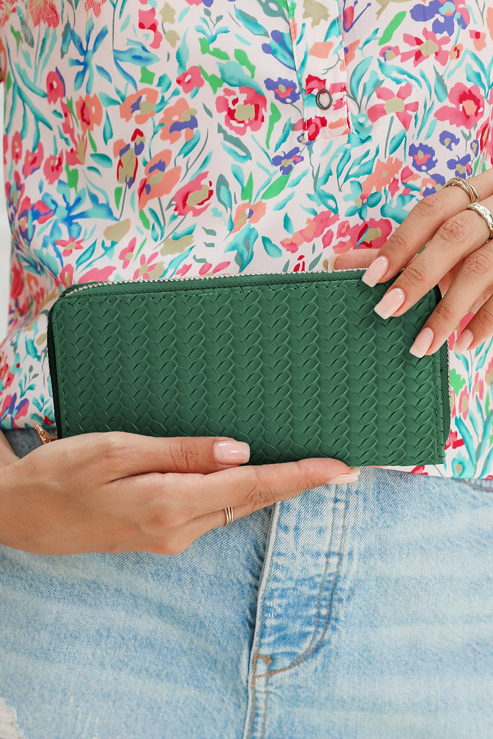 Threaded Pear Finley zip-around long wallet with multiple card slots and sleek leather design, ideal for organized storage.