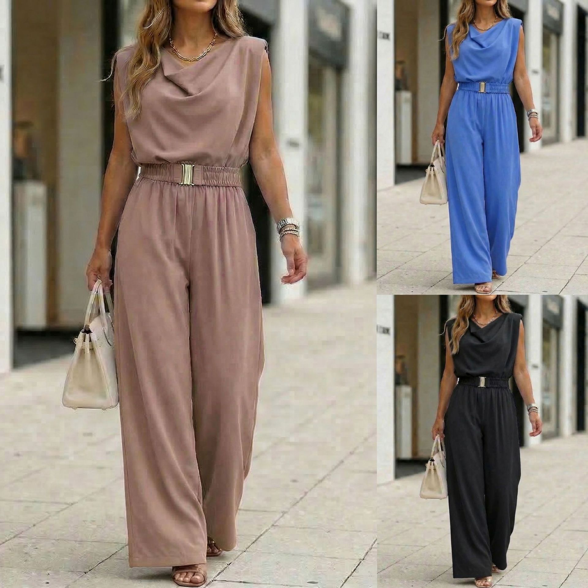 Women's off-shoulder sleeveless wide-leg jumpsuit by FitiqueFit, high waist with belt, casual summer fashion outfit.