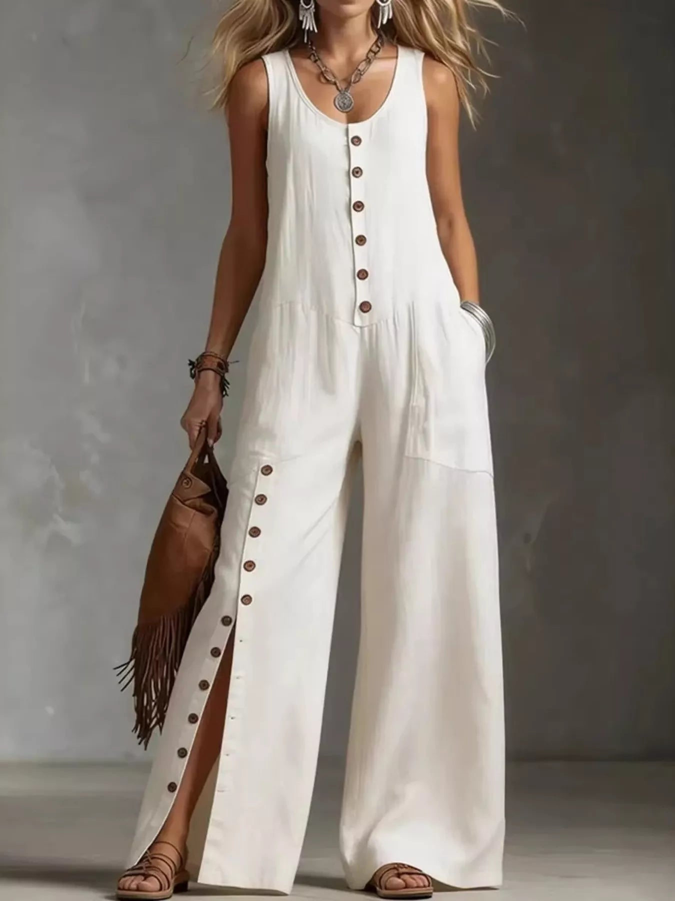 Plus size Plush Fashion Hub sleeveless jumpsuit with button front and wide-leg design, perfect for casual or stylish looks.