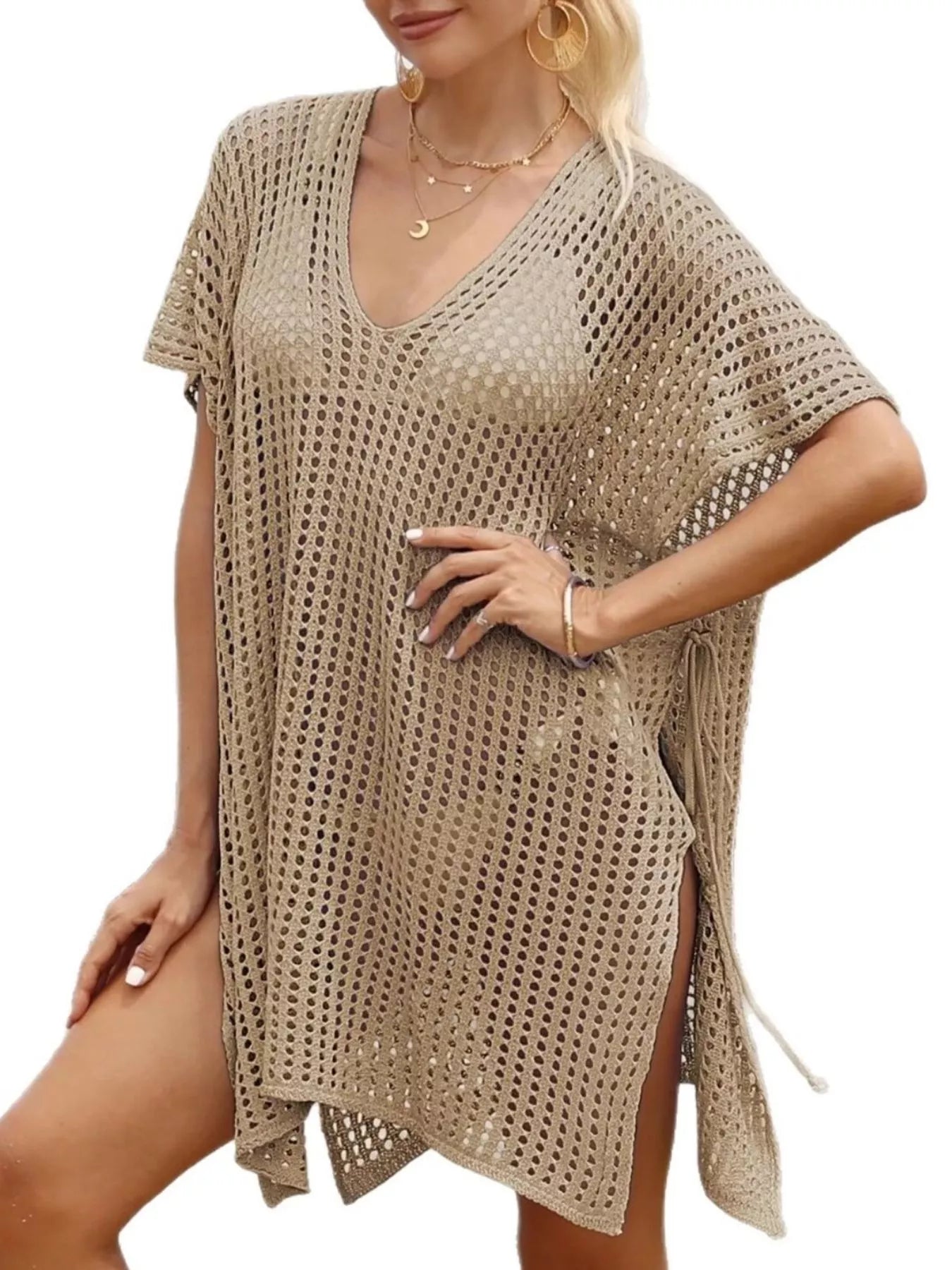 Openwork V-neck slit cover-up by Trendsi featuring lightweight, sheer fabric and stylish design perfect for beachwear.