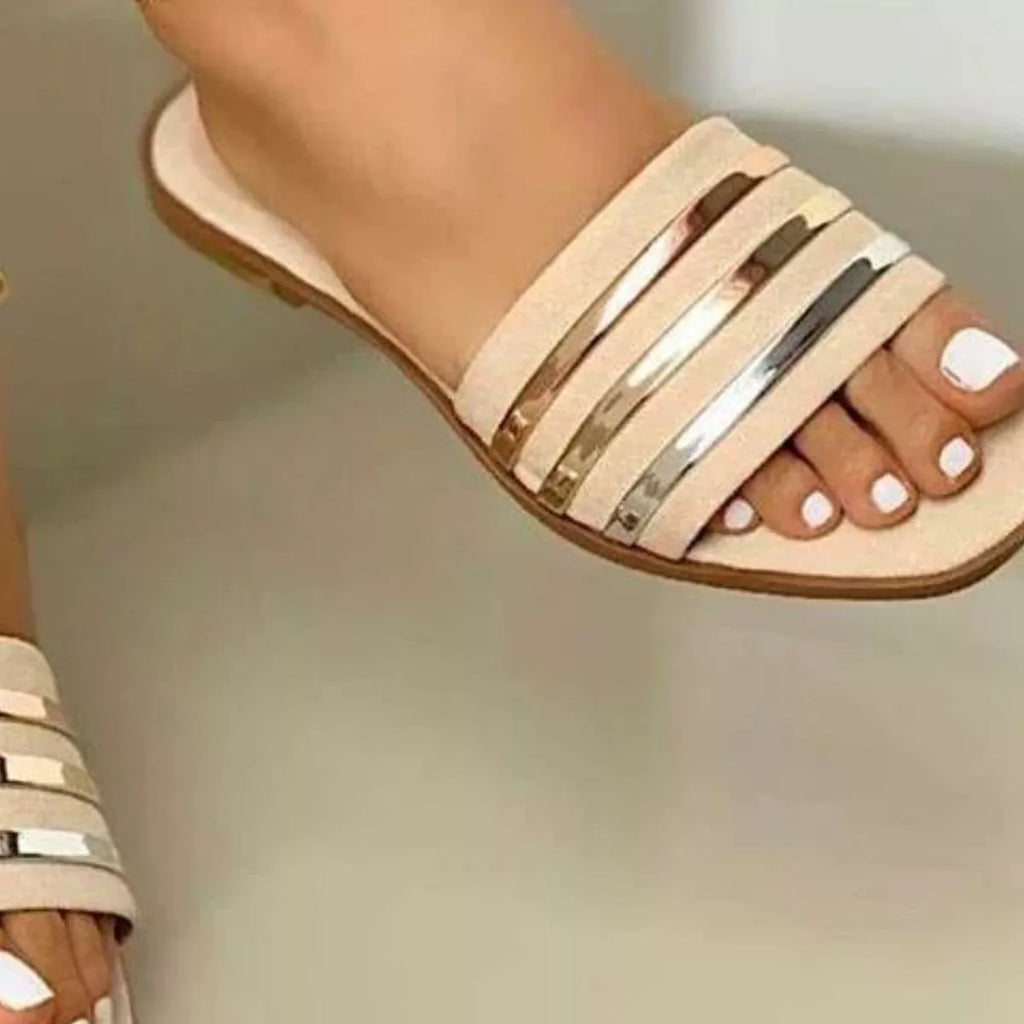 Women's open toe striped flat sandals by Plush Fashion Hub, comfortable PU leather summer shoes with a stylish design.