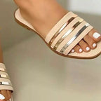 Women's open toe striped flat sandals by Plush Fashion Hub, comfortable PU leather summer shoes with a stylish design.