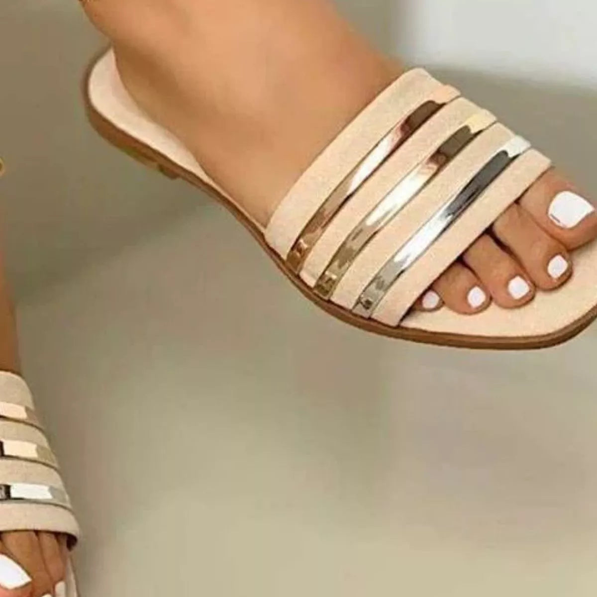 Women's open toe striped flat sandals by Plush Fashion Hub, comfortable PU leather summer shoes with a stylish design.