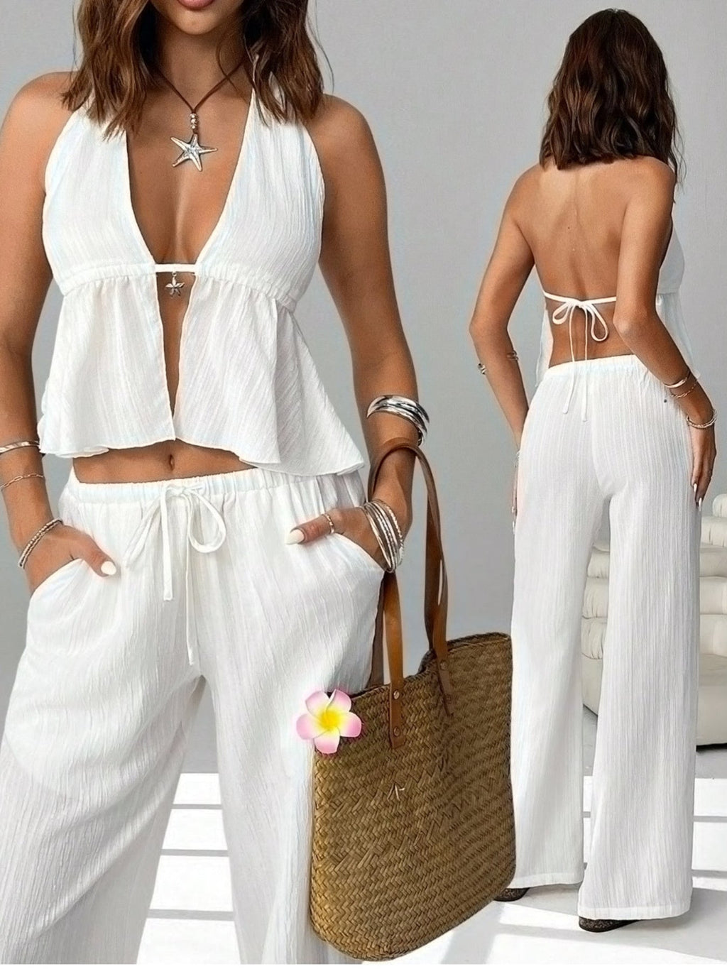 Halter neck cami and pants set by Shopimist, featuring a stylish matching top and wide-leg pants in a casual, trendy design.
