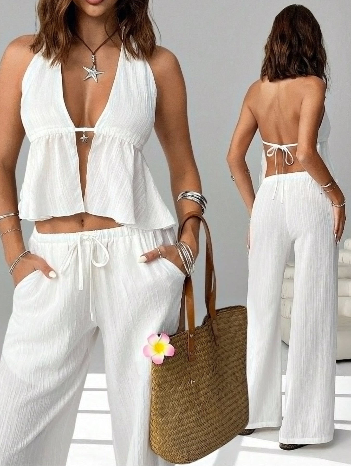 Cream halter neck cami and matching pants set by Plush Fashion Hub, styled for a casual, chic look.
