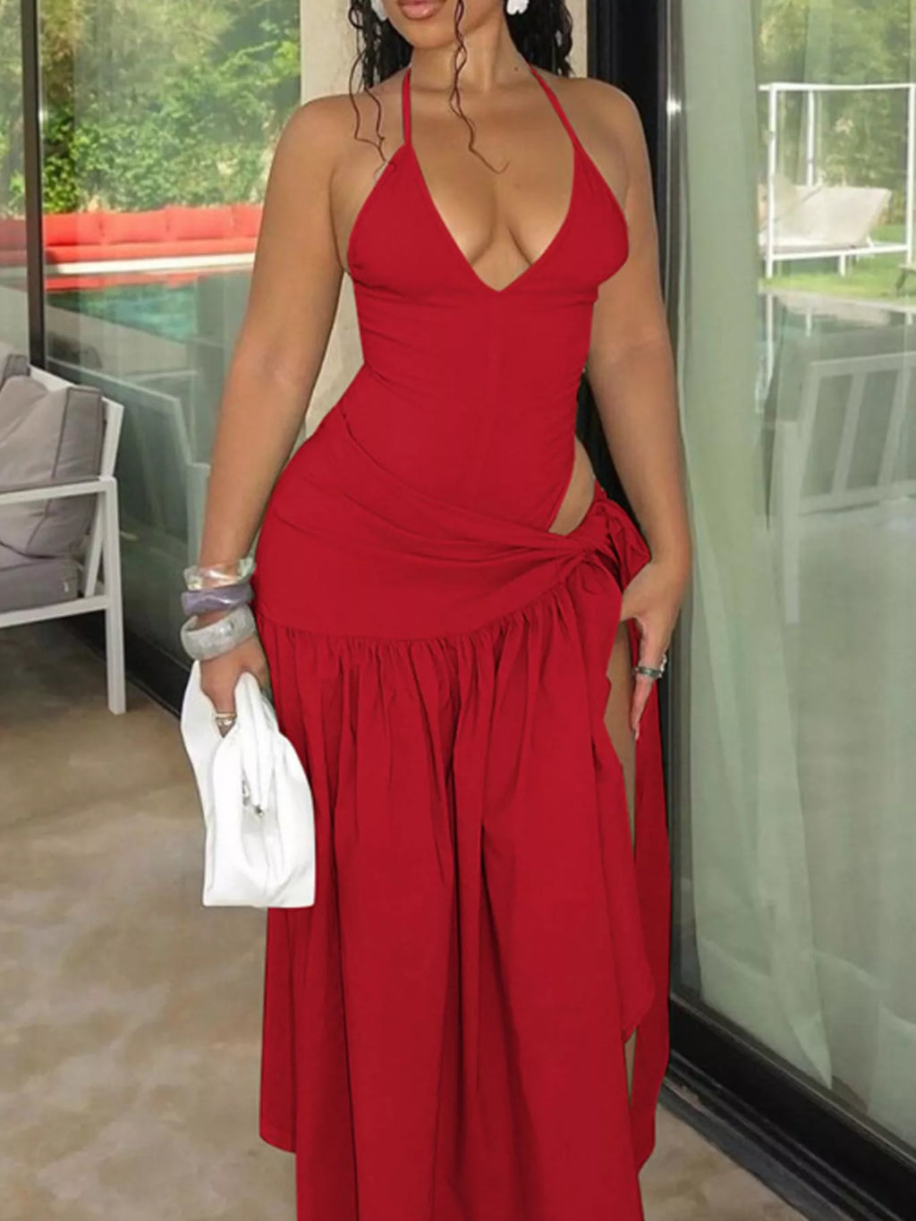 Shopimist halter neck ruched bodysuit and maxi skirt set, two-piece fashion ensemble with stylish design and comfortable fit.