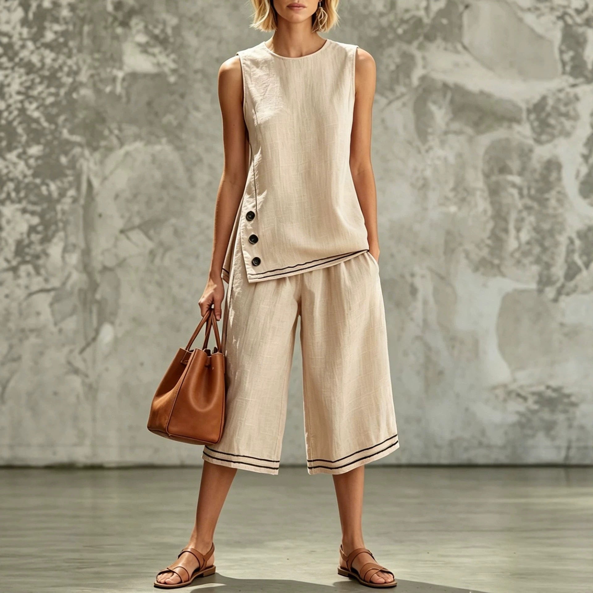 Women's tank top and wide-leg pants set by Plush Fashion Hub with side splits, pockets, and button details, shown on a model.