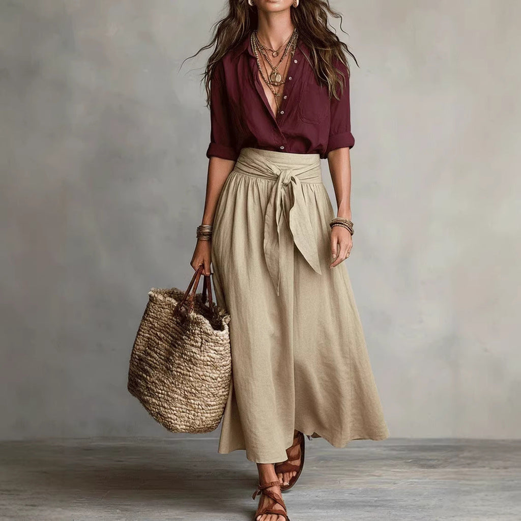 FitiqueFit two-piece button-down shirt and straight skirt set, featuring a stylish shirt and matching skirt, shown on a model.