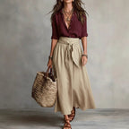 FitiqueFit two-piece button-down shirt and straight skirt set, featuring a stylish shirt and matching skirt, shown on a model.