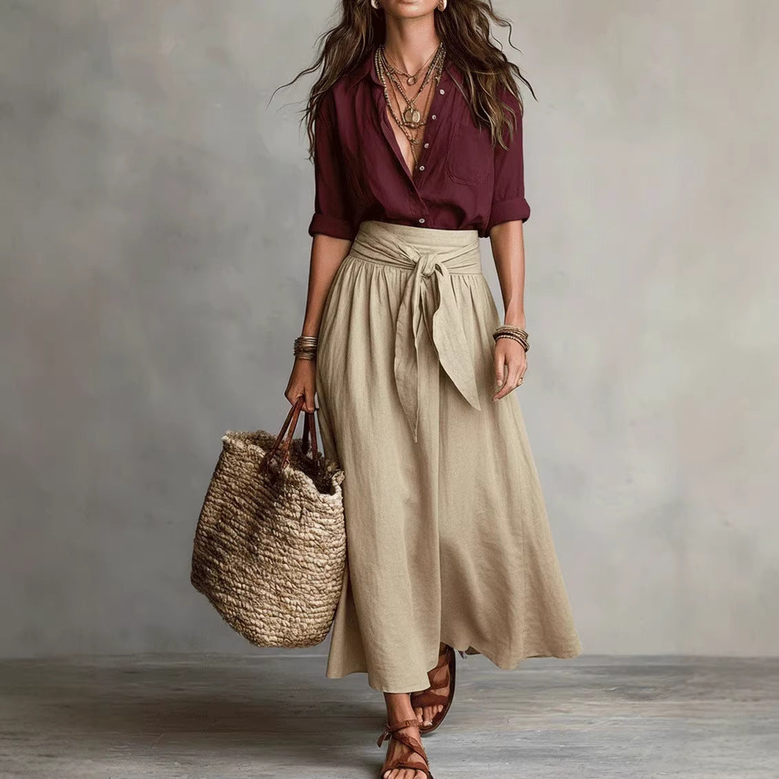 FitiqueFit two-piece button-down shirt and straight skirt set, featuring a stylish shirt and matching skirt, shown on a model.