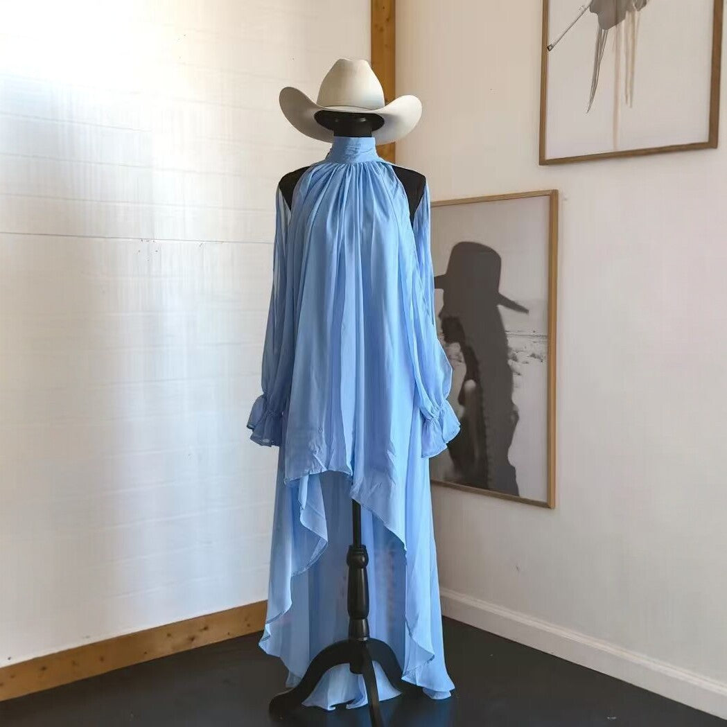 FitiqueFit high neck asymmetric maxi chiffon dress with loose fit long sleeves, casualwear style, stylish and flowing.