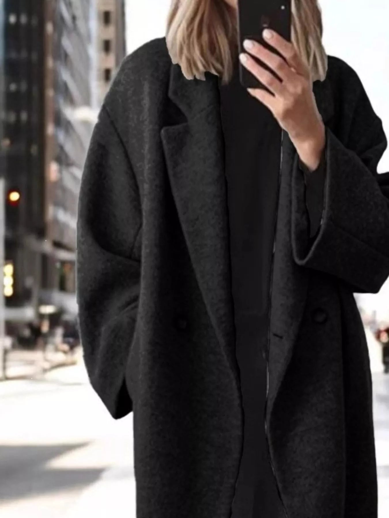 Plus size longline wool blend coat with lapel collar, casualwear by Trendsi, shown in full size on a model.